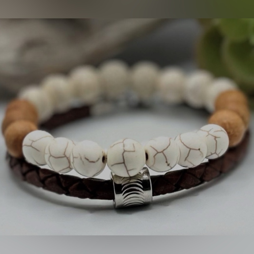 Howlite, Rosewood, & lava Beaded Bracelet and braided leather bracelet